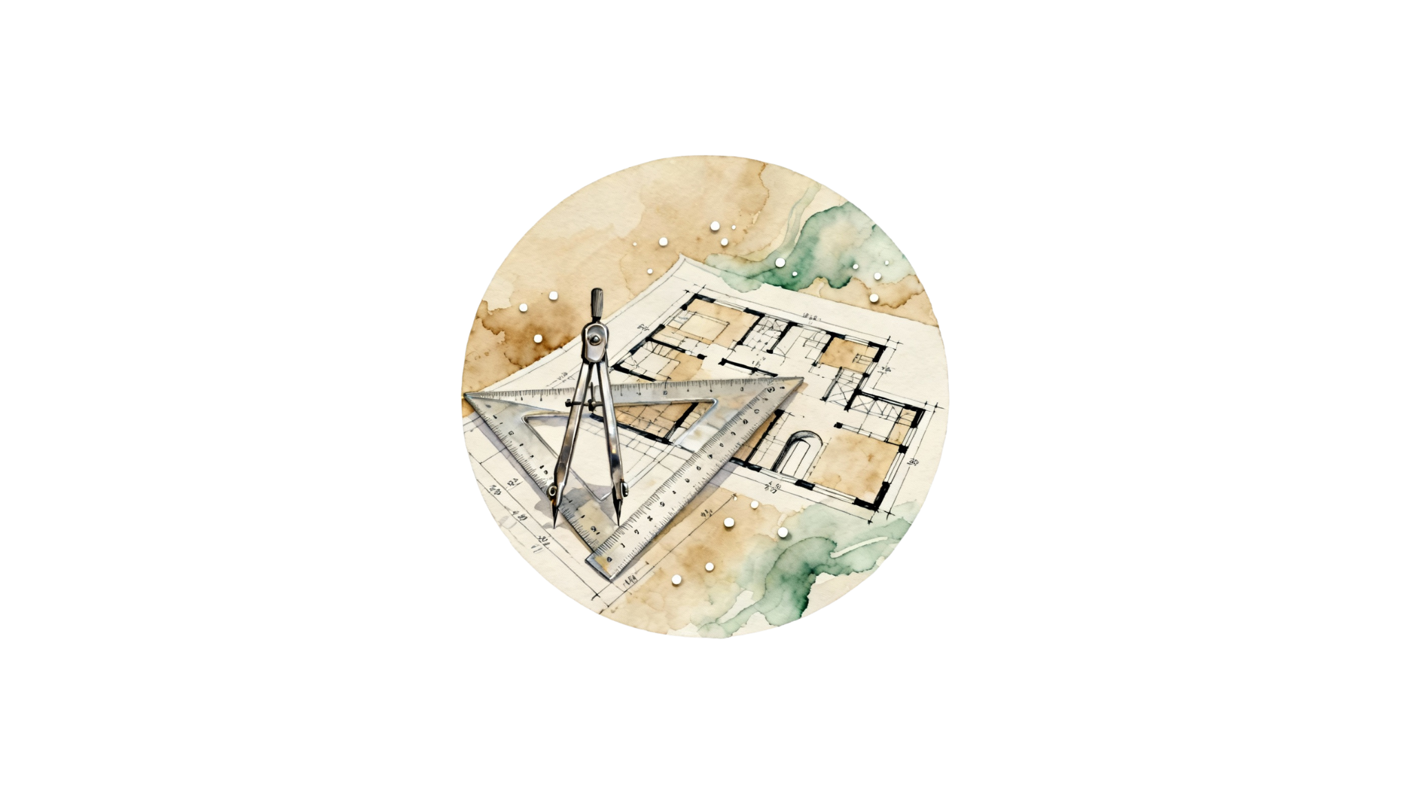 Watercolor architectural sketch featuring drafting tools, floor plans, and compass — symbolizing the precision and artistry behind Alderstone Homes’ design process.