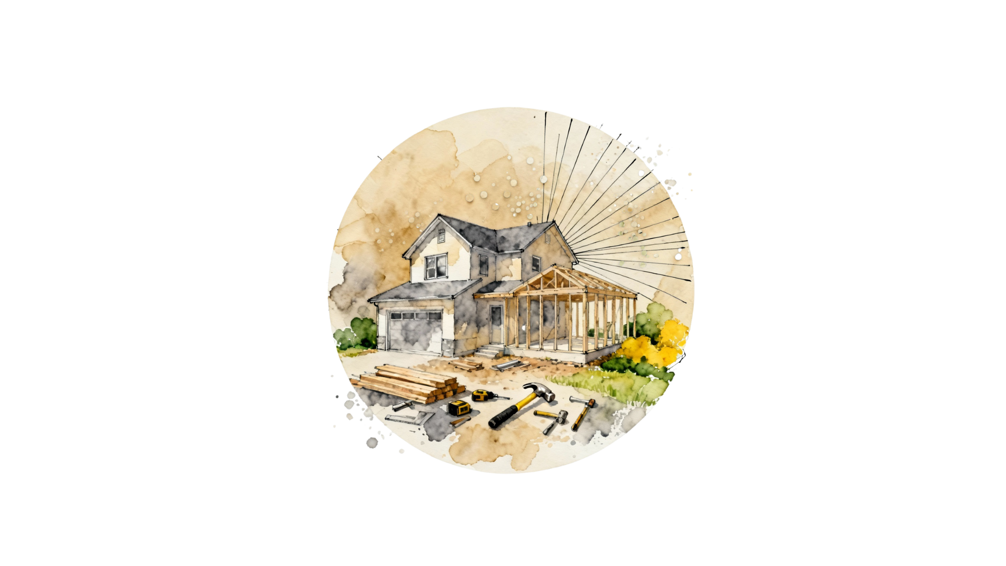 Watercolor illustration of a home under construction with building tools and framework, representing the craftsmanship and care of Alderstone Homes’ custom building process.