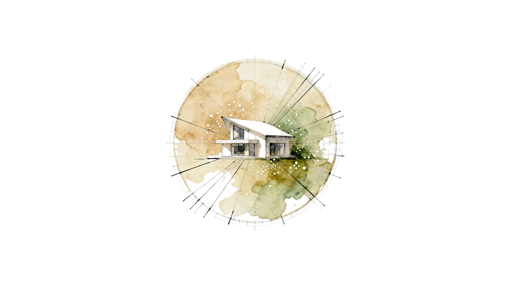 Watercolor illustration of a completed modern home surrounded by soft natural tones, representing the finished craftsmanship and timeless design of Alderstone Homes.