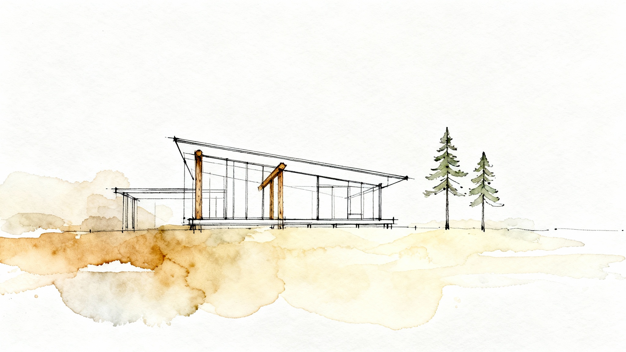 Minimal watercolor architectural sketch of a modern home with timber framing and pine trees, symbolizing Alderstone Homes’ balance between structure, nature, and thoughtful design