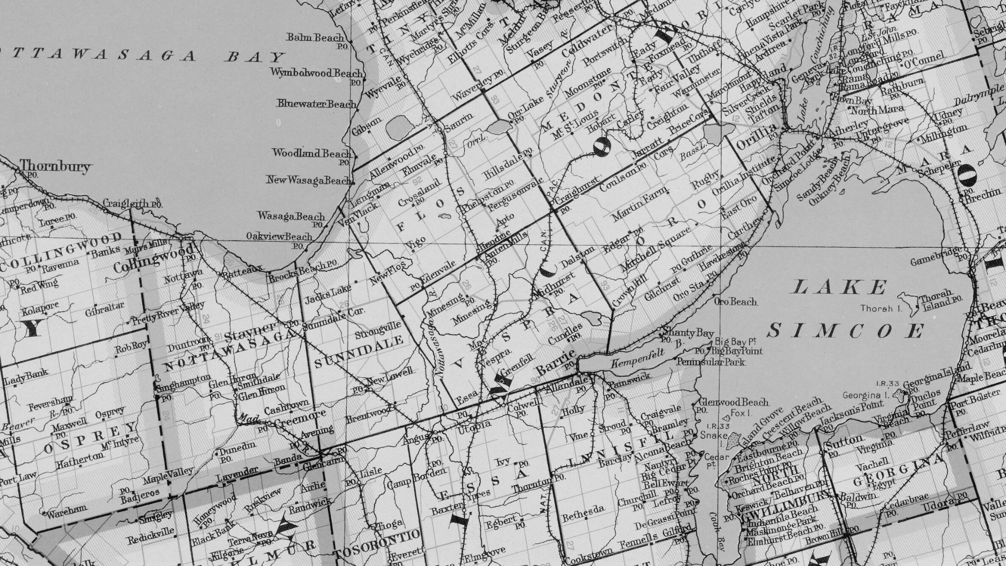 Historic map of Simcoe County and Georgian Bay region showing Alderstone Homes’ service area in Ontario.